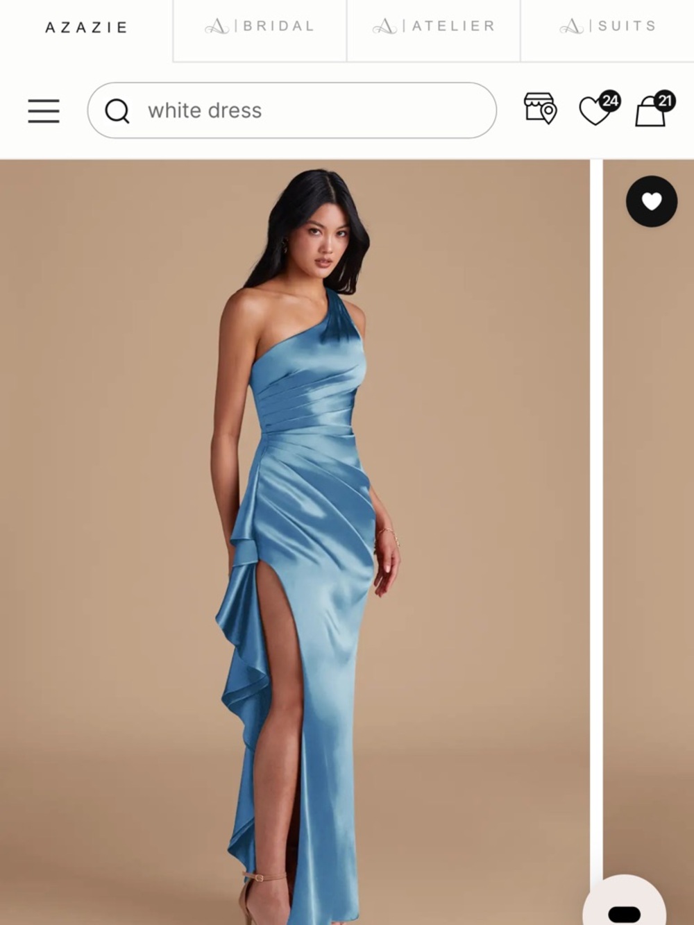 Azazie Latrice One-Shoulder metallic Satin Gown in Steel Blue